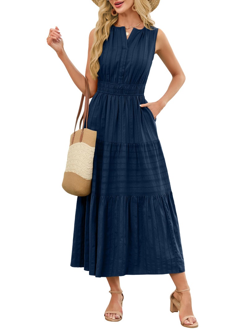 Funlingo Womens Summer Maxi Dresses Dressy Casual Sleeveless A Line Midi Dress V Neck Navy Blue Wedding Guest Dresses for Family Photos Beach Vacations Party M - Image 2