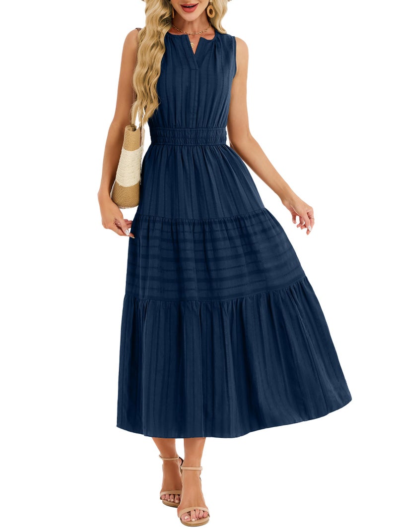 Funlingo Womens Summer Maxi Dresses Dressy Casual Sleeveless A Line Midi Dress V Neck Navy Blue Wedding Guest Dresses for Family Photos Beach Vacations Party M - Image 5