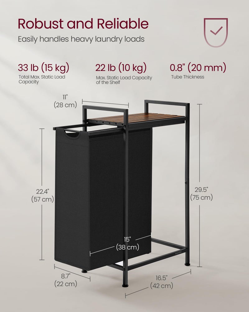 VASAGLE Laundry Hamper, Laundry Basket, Laundry Sorter with a Pull-Out and Removable Bag, Shelf, Metal Frame, 12.4 Gallons (47 L), 16.5 x 11 x 29.5 Inches, Ink Black and Rustic Brown UBLH001B01 - Image 5