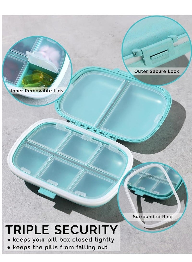 BAEKO 3 Pack Small Pill Box 8 Compartments Moisture Proof Travel Pill Organizer for Pocket Purse Daily Pill Case Portable Medicine Vitamin Holder Container (Blue+Green+Khaki)  - Image 4