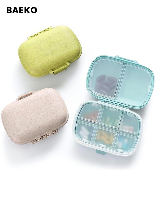 BAEKO 3 Pack Small Pill Box 8 Compartments Moisture Proof Travel Pill Organizer for Pocket Purse Daily Pill Case Portable Medicine Vitamin Holder Container (Blue+Green+Khaki)  - Image 1