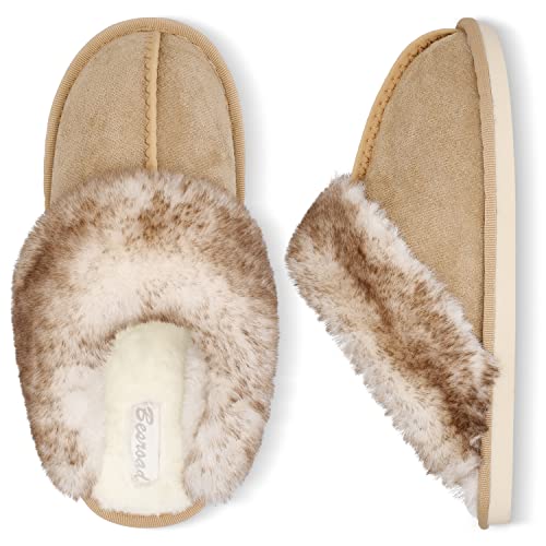 Besroad Womens Furry Faux Fur Slippers Cozy Memory Foam House Slippers Soft Flat Slide Sandals Indoor Outdoor Shoes Brown 8-9 - Image 1