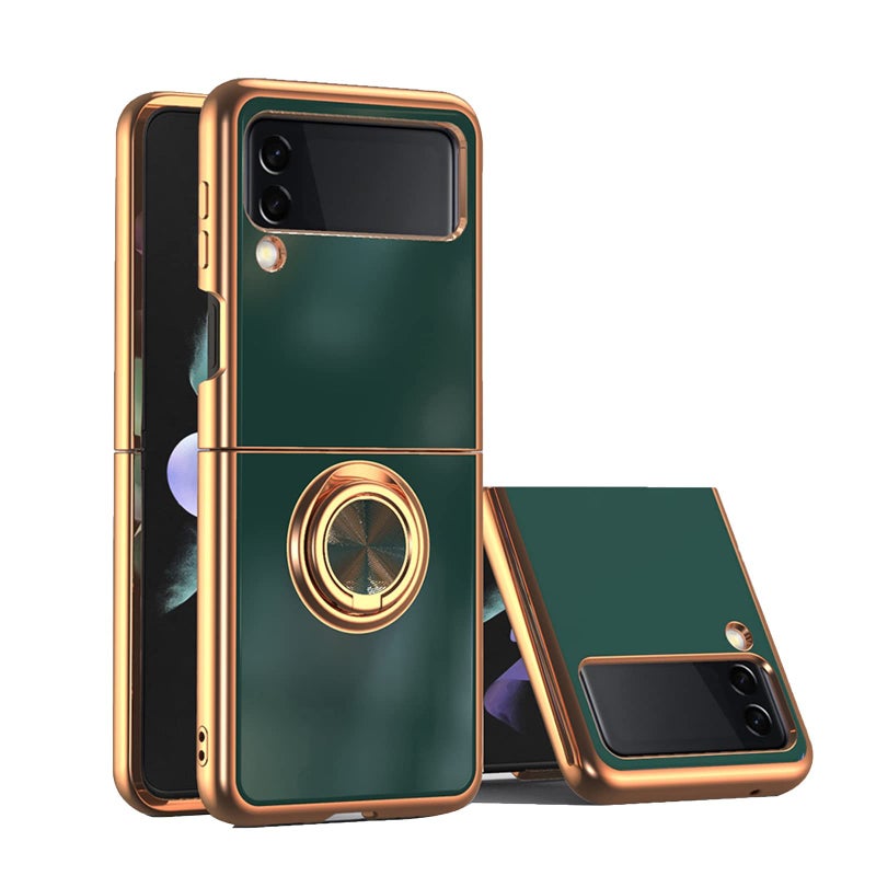 KASTWAVE Design for Samsung Galaxy Z Flip 4 5g Phone Case Luxury Gold Electroplated Edge Case with Kickstand Ring Holder Soft Silicone Shockproof Protective Green