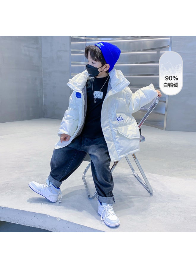 Boys' White Glossy Down Jacket  New Korean Style Winter Clothing For Boys Mid-length Trendy Brand Coat