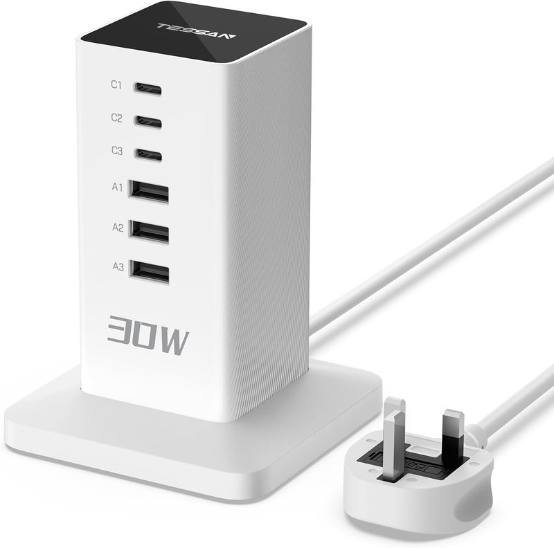 تيسان قابس شاحن USB C بقدرة 30 واط، محطة شحن USB لأجهزة متعددة، مركز شحن بستة منافذ مع سلك تمديد بطول 2 متر، كتلة شحن متعددة للهواتف الذكية والأجهزة اللوحية - Image 1
