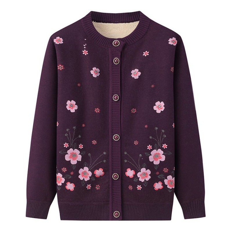 Winter fleece-lined warm 60-70 year old sweater top elderly grandma mother cardigan knitted elderly coat purple - Image 1