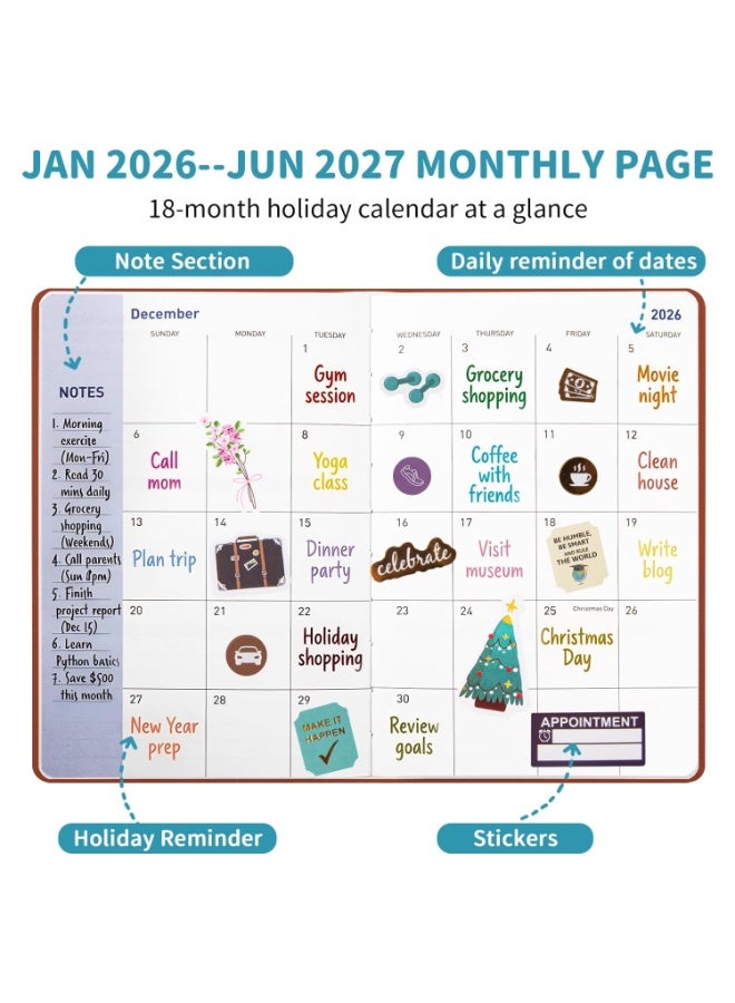 كيلا دفتر تخطيط 2026-2027، مخطط شهري أسبوعي من يناير 2026 إلى يونيو 2027، مخطط 2026-2027 مع حلقة قلم وجيب خلفي وملصقات، مخطط 18 شهرًا، مخططات شهرية 2026-2027 - Image 4
