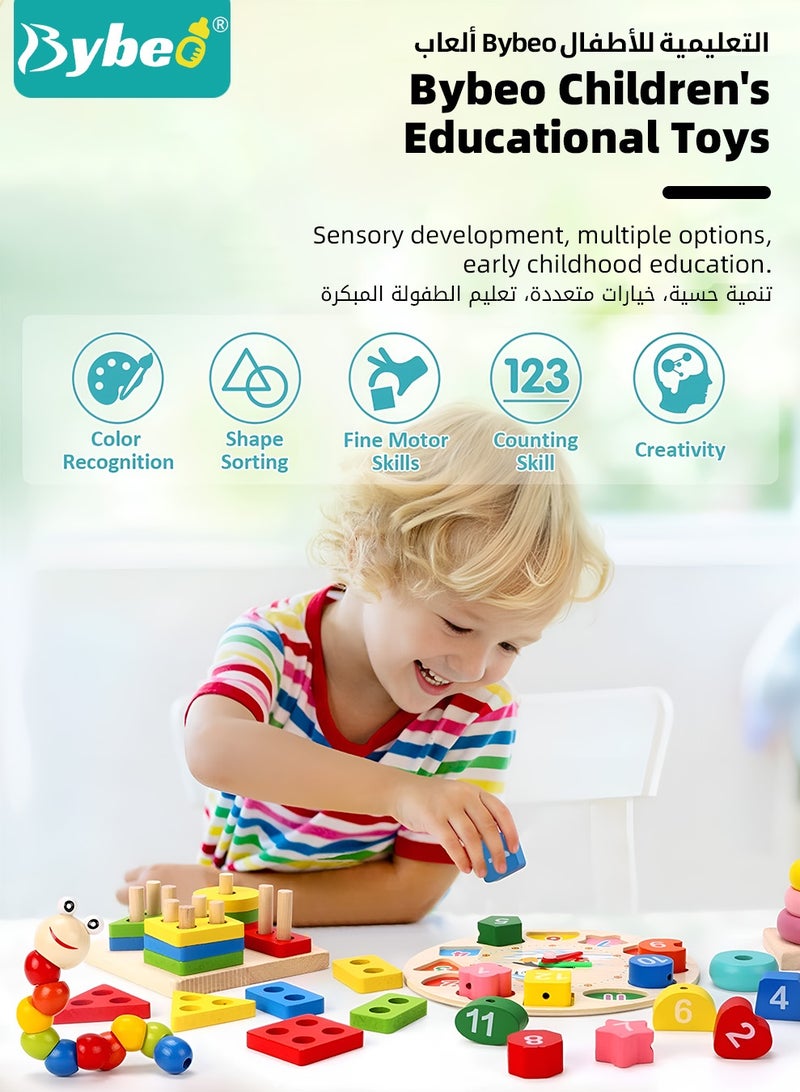 بيبو ١٠ قطع من ألعاب مونتيسوري للأطفال من عمر ١ إلى ٣ سنوات، ألعاب خشبية للأطفال، ألعاب فرز وتكديس خشبية، لعبة تعليمية للأطفال في مرحلة ما قبل المدرسة، حلقات تكديس، إكسيليفون، متاهة خرز الساعة، يرقة - Image 4