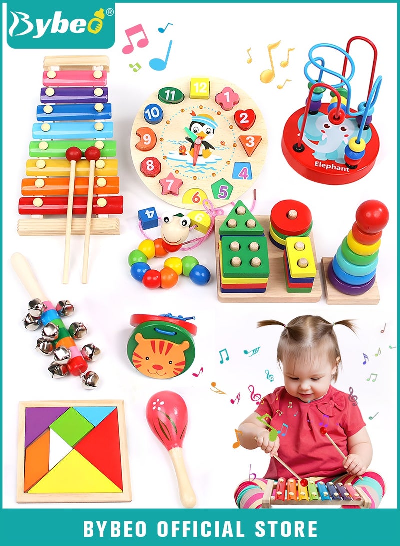 بيبو ١٠ قطع من ألعاب مونتيسوري للأطفال من عمر ١ إلى ٣ سنوات، ألعاب خشبية للأطفال، ألعاب فرز وتكديس خشبية، لعبة تعليمية للأطفال في مرحلة ما قبل المدرسة، حلقات تكديس، إكسيليفون، متاهة خرز الساعة، يرقة - Image 1