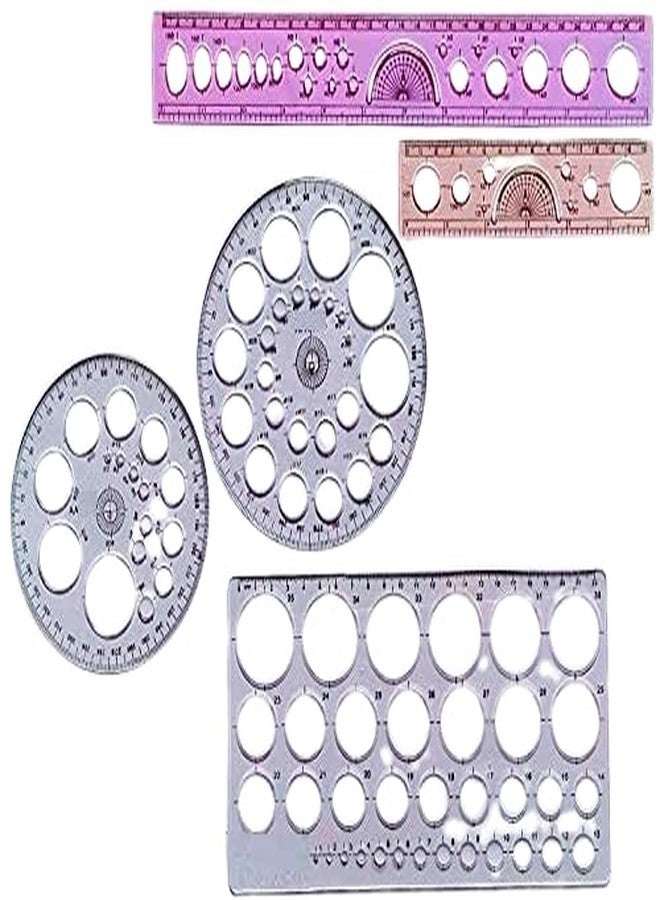 FIRST CLICK Art Protector 360° with 25 & 16 Circles + Circle Master 35 Circles + 2 Colored Scales 12", 6" (Random Colors) | Set of 5 Geometry Drawing Templates for Students, Artists & Designers - Image 1