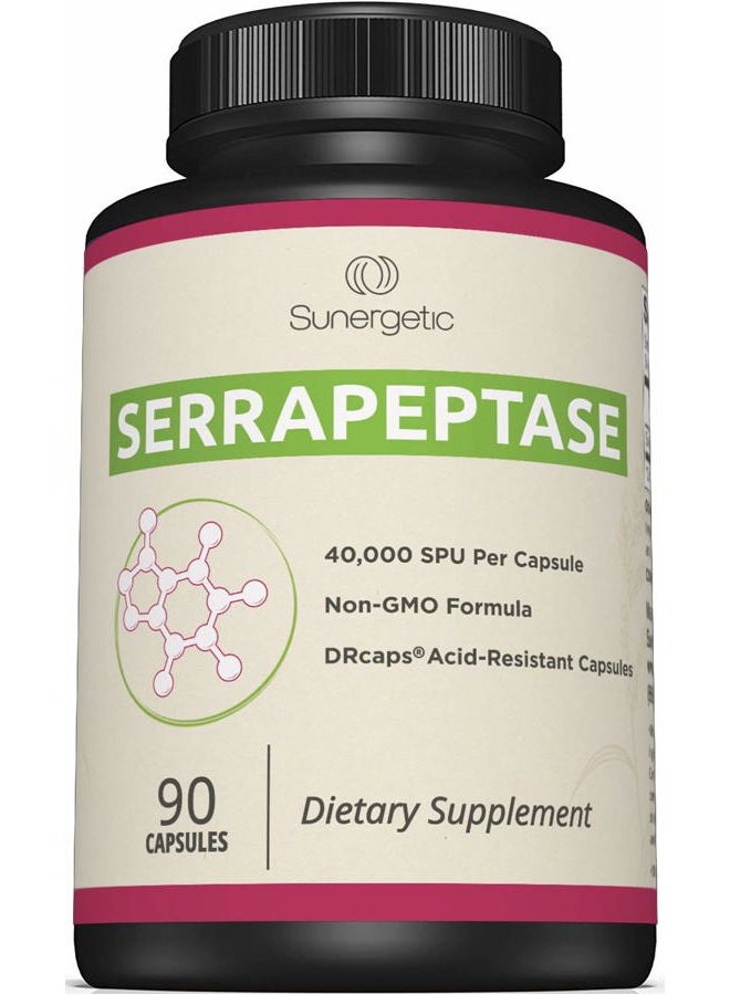Sunergetic Premium Serrapeptase Enzyme Supplement – Helps Support Sinus Health – Powerful Serrapeptase Enzymes Formula – 40,000 SU Per Capsule- 90 Enteric Coated Serrapeptase Capsules - Image 1