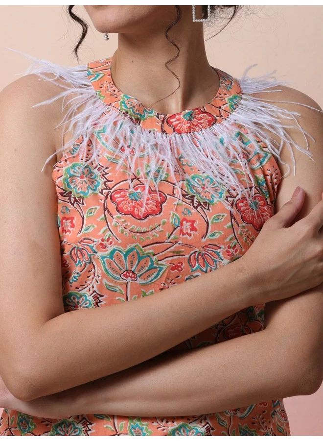 AKS Peach Sleeveless Kurta with feather details