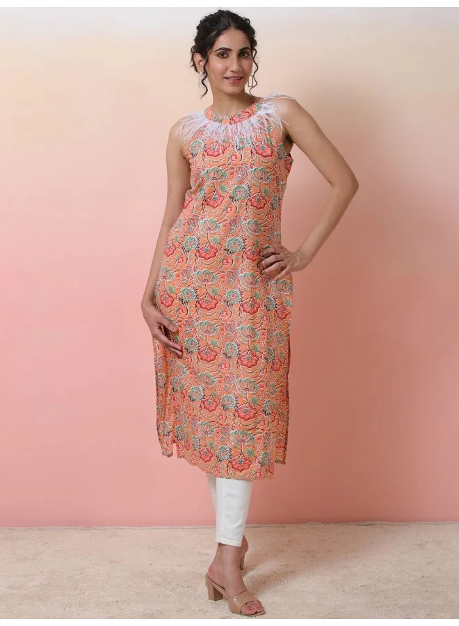 AKS Peach Sleeveless Kurta with feather details