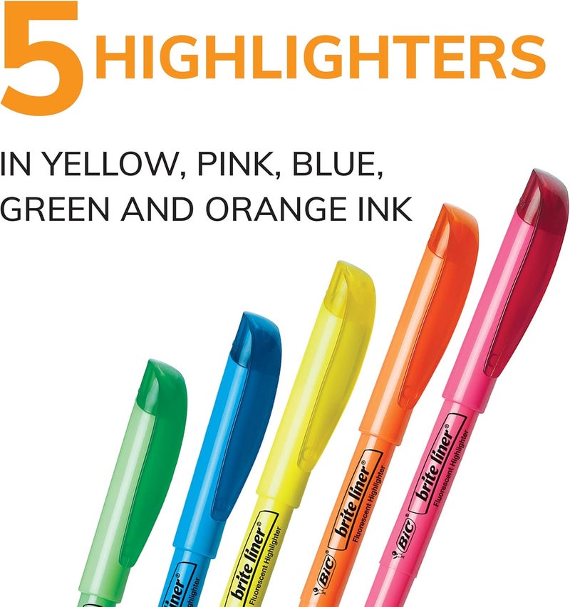 BIC Brite Liner Highlighter, Chisel Tip, Assorted Colors, For Broad Highlighting or Fine Underlining, 5 count (Pack of 1) - Image 2