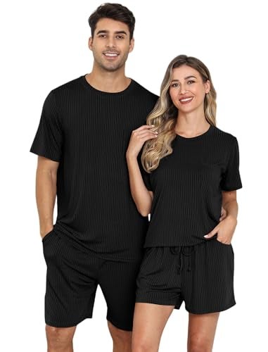 EISHOPEER Ribbed Knit Pajamas for Women Lougewear Sets 2 Pieces Short Sleeve Tshirt and Shorts Black Medium - Image 5
