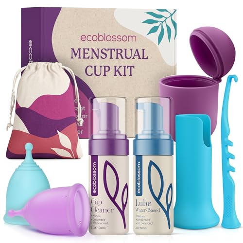 Ecoblossom Complete Menstrual Cup Kit Small Large Reusable Period Cups Silicone Sterilizer Holder Cleansing Wash WaterBased Lube and EasyInsert Disc Applicator All Inclusive Set - Image 1