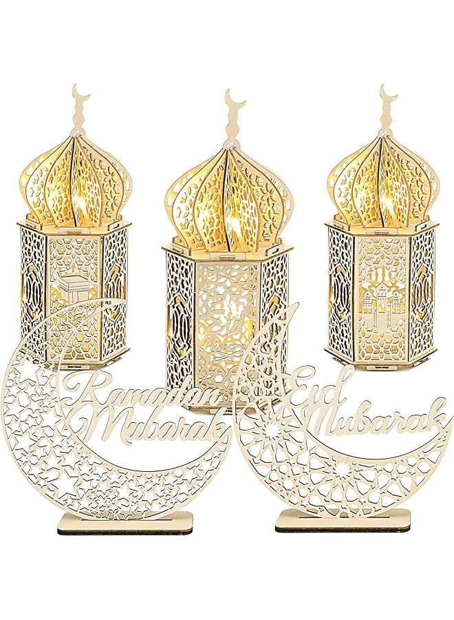 إيروريكس 5 قطع من زينة عيد رمضان الكريم زينة سطح الطاولة فوانيس رمضان ثلاثية الأبعاد خشبية مصنوعة يدويًا على شكل قمر ونجمة رمضان وزينة عيد مبارك للمنزل ومستلزمات الحفلات 5 أنماط - Image 1