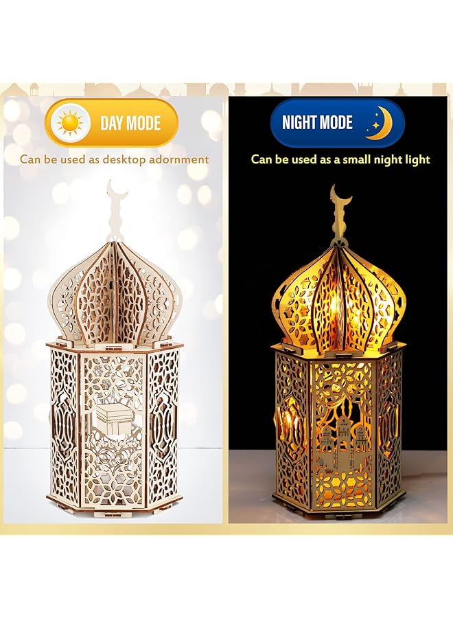 إيروريكس 5 قطع من زينة عيد رمضان الكريم زينة سطح الطاولة فوانيس رمضان ثلاثية الأبعاد خشبية مصنوعة يدويًا على شكل قمر ونجمة رمضان وزينة عيد مبارك للمنزل ومستلزمات الحفلات 5 أنماط - Image 2