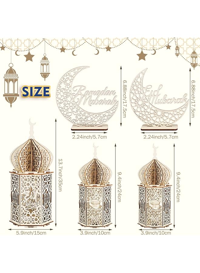 إيروريكس 5 قطع من زينة عيد رمضان الكريم زينة سطح الطاولة فوانيس رمضان ثلاثية الأبعاد خشبية مصنوعة يدويًا على شكل قمر ونجمة رمضان وزينة عيد مبارك للمنزل ومستلزمات الحفلات 5 أنماط - Image 3