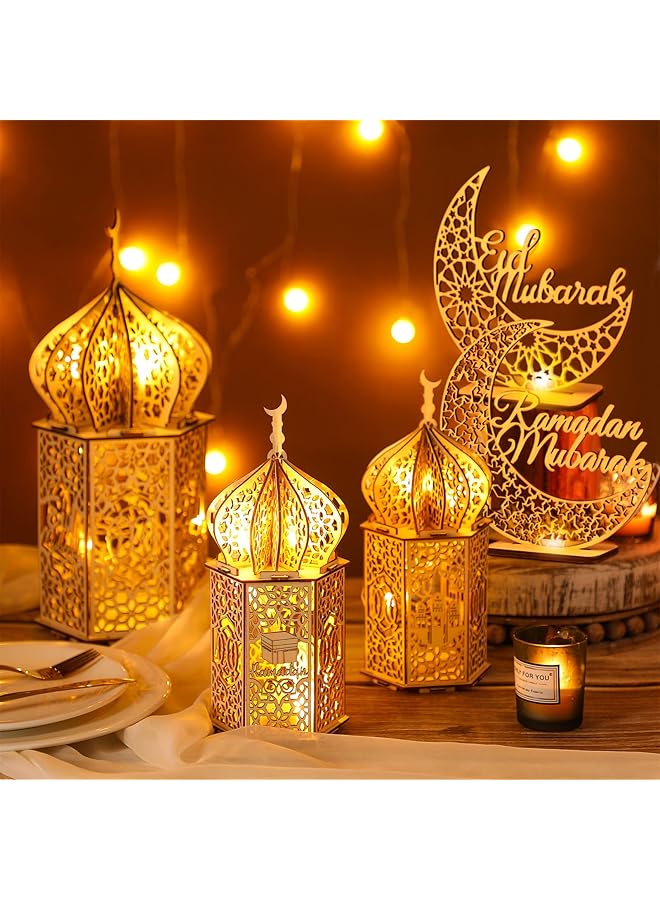 إيروريكس 5 قطع من زينة عيد رمضان الكريم زينة سطح الطاولة فوانيس رمضان ثلاثية الأبعاد خشبية مصنوعة يدويًا على شكل قمر ونجمة رمضان وزينة عيد مبارك للمنزل ومستلزمات الحفلات 5 أنماط - Image 5