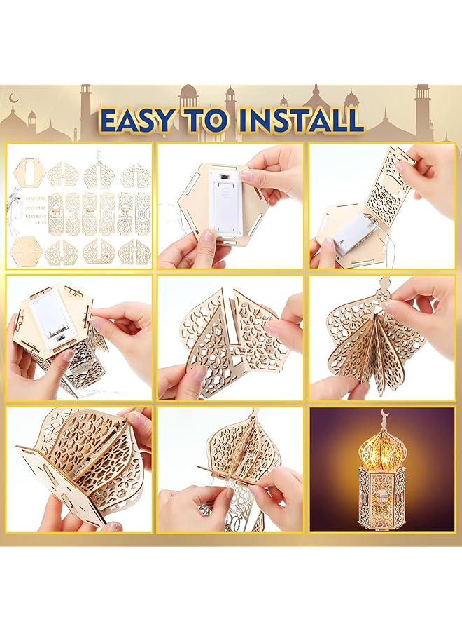 إيروريكس 5 قطع من زينة عيد رمضان الكريم زينة سطح الطاولة فوانيس رمضان ثلاثية الأبعاد خشبية مصنوعة يدويًا على شكل قمر ونجمة رمضان وزينة عيد مبارك للمنزل ومستلزمات الحفلات 5 أنماط - Image 4
