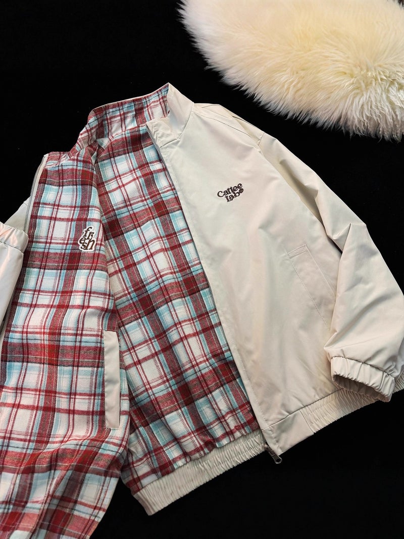 American Retro Reversible Stand-Up Collar Jacket For Men And Women, Plaid Workwear, Contrasting Color Stitching, Oversize Trendy Brand Jacket - Image 4