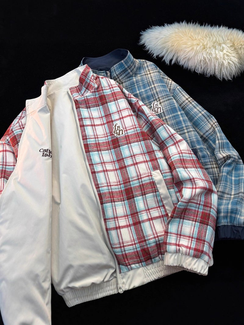 American Retro Reversible Stand-Up Collar Jacket For Men And Women, Plaid Workwear, Contrasting Color Stitching, Oversize Trendy Brand Jacket - Image 3