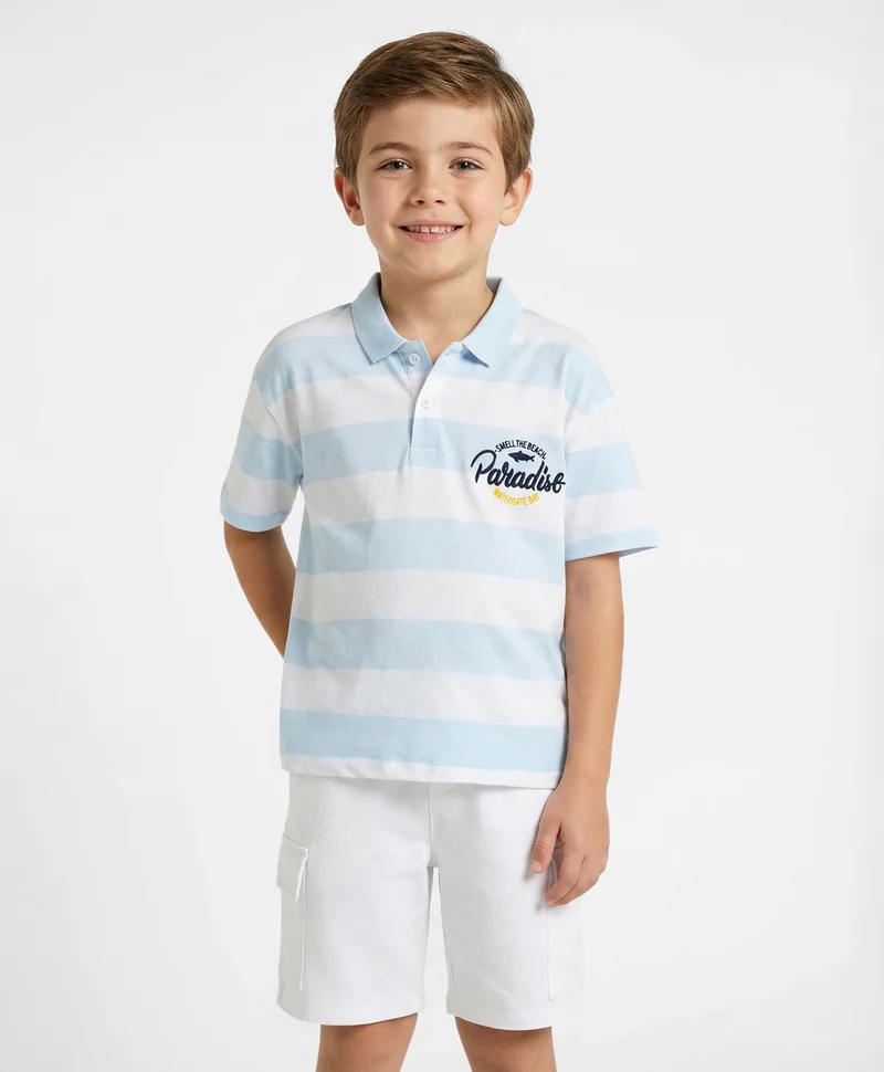 Primo Gino Primo Gino Boys 100% Cotton Knit All Over Stripes Printed Half Sleeves Polo T-Shirt & Cargo Shorts Set- White
