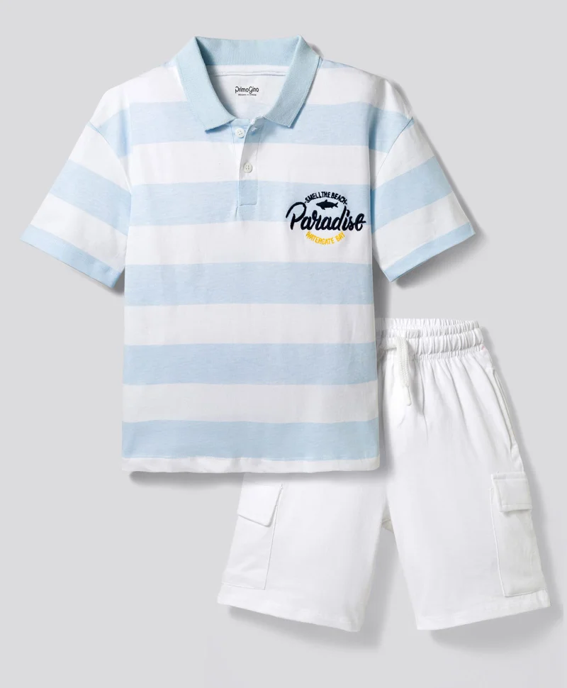 Primo Gino Primo Gino Boys 100% Cotton Knit All Over Stripes Printed Half Sleeves Polo T-Shirt & Cargo Shorts Set- White
