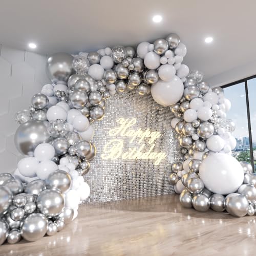 ADOINBY White and Silver Balloon Arch Kit, 140Pcs White Metallic Silver and Silver Confetti Party Balloon Garland Kit for Birthday, Wedding, Engagements, Baby Shower, Anniversary Party Decorations - Image 1
