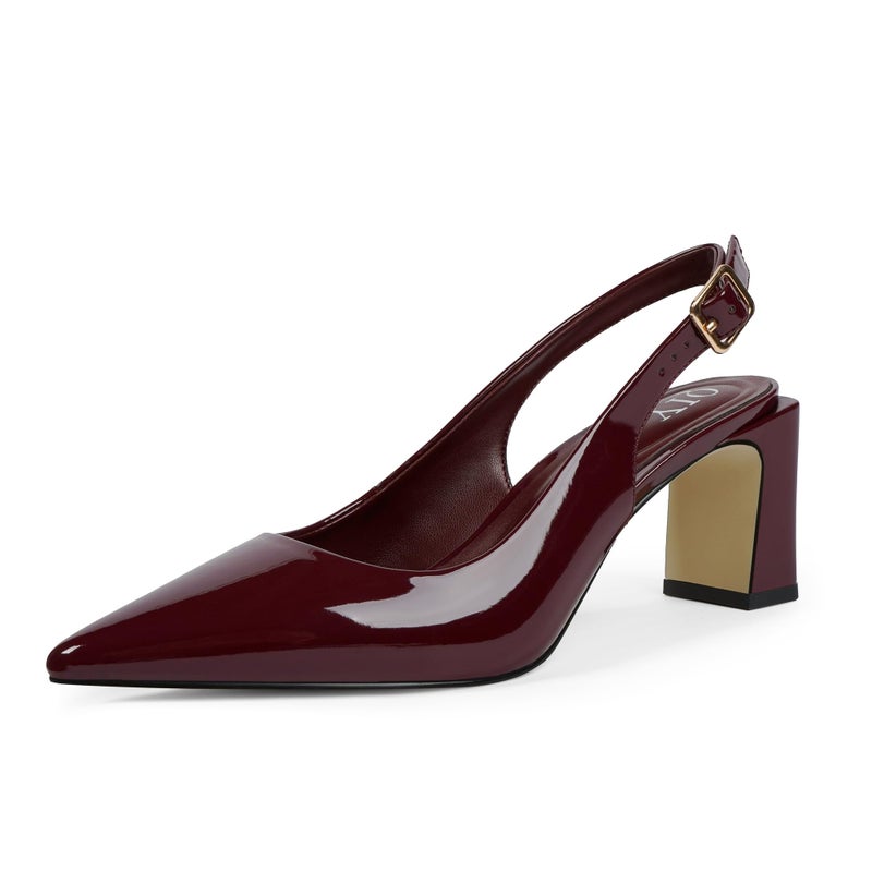 QIY Burgundy Heels Pumps for Women Chunky Heel Closed Toe Slingback Heel Pointed Toe Dressy Shoes Size 8.5 - Image 1