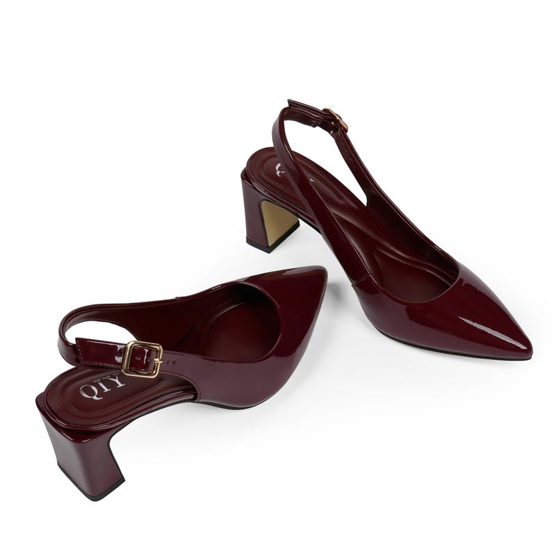 QIY Burgundy Heels Pumps for Women Chunky Heel Closed Toe Slingback Heel Pointed Toe Dressy Shoes Size 8.5 - Image 4