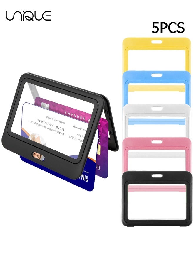 Unique 5 Pcs Double Sided ID Badge Holder,Horizontal Badge Holder with Double-Sided Clear Window,Hard Plastic Card Protector Pouch for Office School Credit Cards Proximity Key Cards Driver’s Licenses - Image 1
