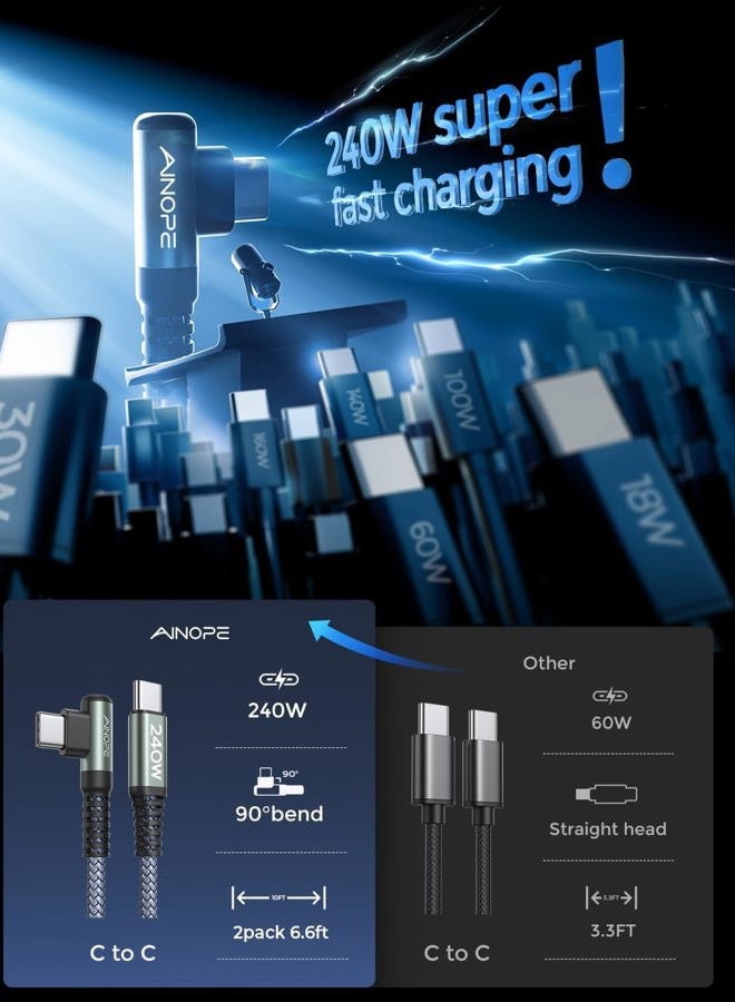 Ainope 240W USB C to USB C Cable 6.6ft/2Pack, C to C Type Fast Charging Cable, USB C Charger Cable Right Angle Compatible with MacBook Pro/Air, iPad Pro 12.9/11/Air/Mini, Samsung S23/22/21/20 - Image 2