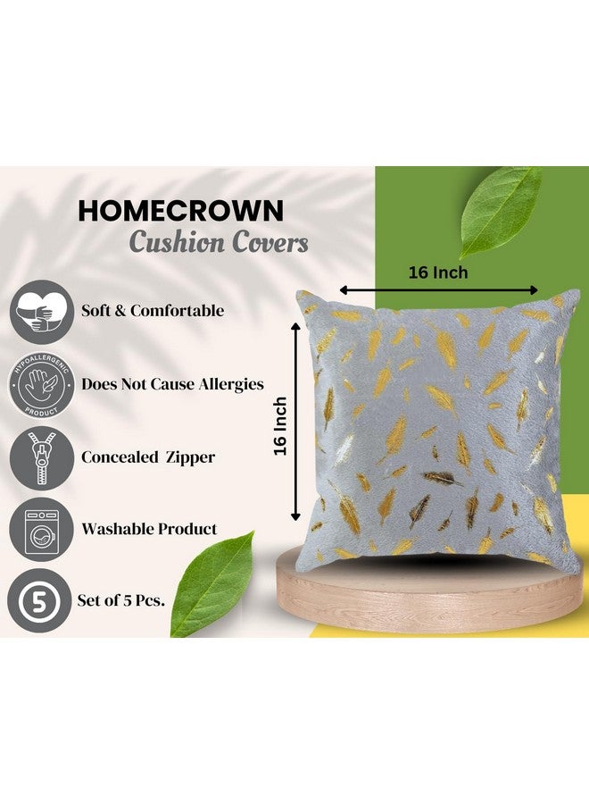 HOMECROWN مجموعة أغطية وسائد مخملية HOMECROWN بحجم 16x16 بوصة، ناعمة وزخرفية مع طباعة ريش ذهبية للكنبة، الأريكة، السرير، غرفة المعيشة - رمادي-250 TC - Image 2
