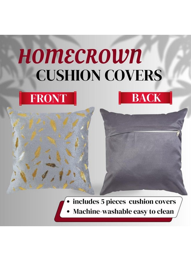 HOMECROWN مجموعة أغطية وسائد مخملية HOMECROWN بحجم 16x16 بوصة، ناعمة وزخرفية مع طباعة ريش ذهبية للكنبة، الأريكة، السرير، غرفة المعيشة - رمادي-250 TC - Image 4