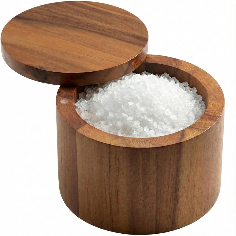 Demigo Acacia Salt Cellar 9 Ounces Capacity, Wood Salt Box With Swivel Cover, Spice Keeper, Wood Jar For Kitchen, Perfect For Keeping Table Salt, Gourmet Salts, Herbs or Favorite Seasonings - Image 1