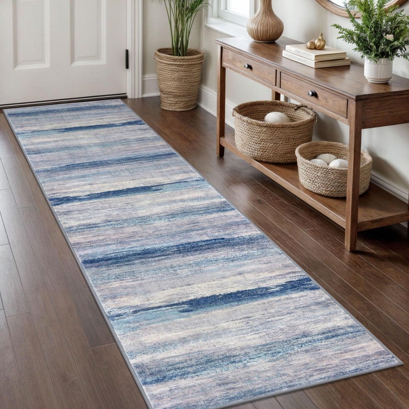 KOZYFLY Modern Abstract Hallway Runner Rug, 2x8 Washable Rug Runner Non-Slip Soft Striped Kitchen Runner Rugs, Print Blue/Grey/Beige Carpet Runner for Entryway Bathroom Laundry Room Foyer - Image 1