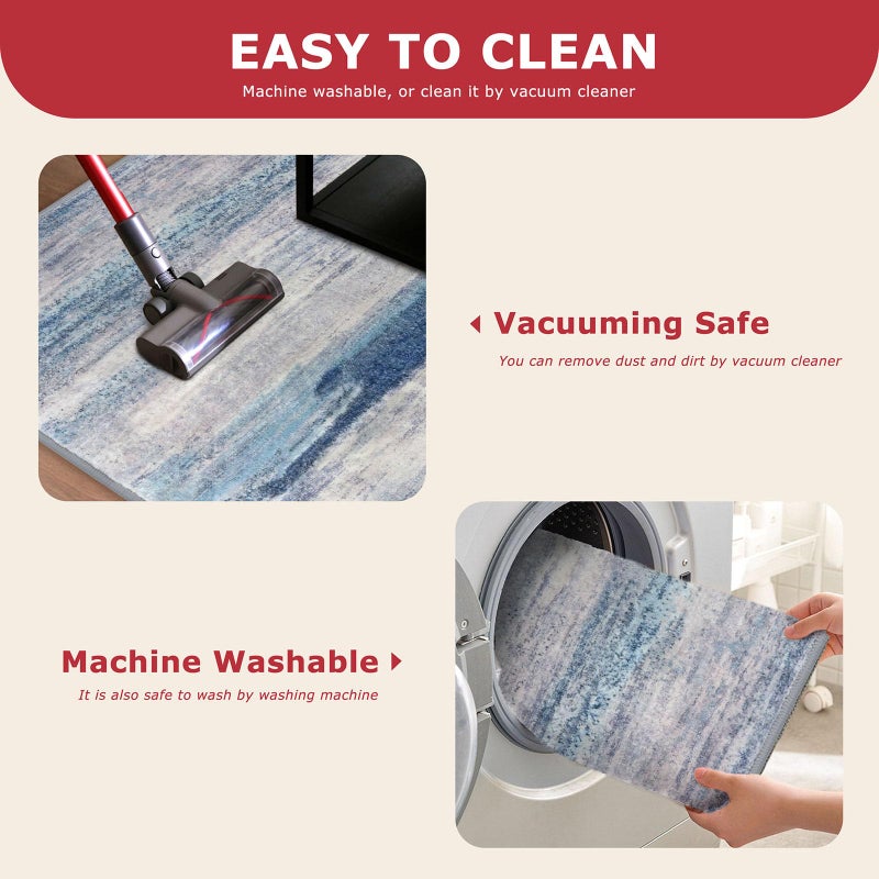 KOZYFLY Modern Abstract Hallway Runner Rug, 2x8 Washable Rug Runner Non-Slip Soft Striped Kitchen Runner Rugs, Print Blue/Grey/Beige Carpet Runner for Entryway Bathroom Laundry Room Foyer - Image 5