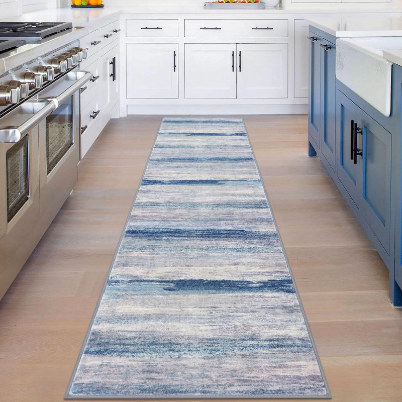KOZYFLY Modern Abstract Hallway Runner Rug, 2x8 Washable Rug Runner Non-Slip Soft Striped Kitchen Runner Rugs, Print Blue/Grey/Beige Carpet Runner for Entryway Bathroom Laundry Room Foyer - Image 2