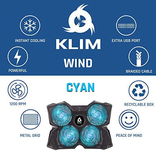 KLIM Wind Laptop Cooling Pad - More Than 500 000 Units Sold - New Version - The Most Powerful Rapid Action Cooling Fan - Laptop Stand with 4 Cooling Fans at 1200 RPM - USB Fan - PS5 PS4 - Cyan - Image 4