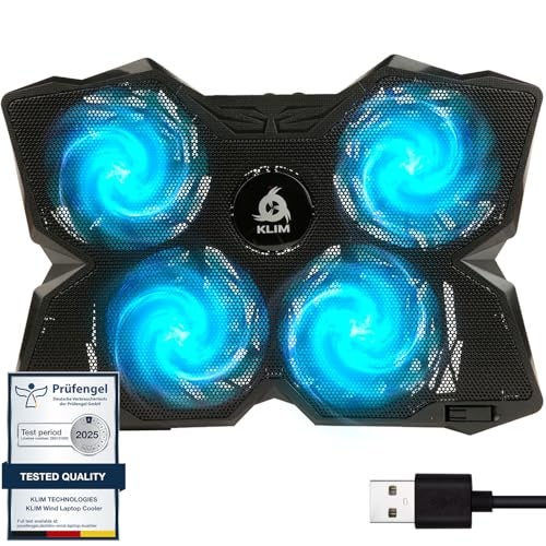 KLIM Wind Laptop Cooling Pad - More Than 500 000 Units Sold - New Version - The Most Powerful Rapid Action Cooling Fan - Laptop Stand with 4 Cooling Fans at 1200 RPM - USB Fan - PS5 PS4 - Cyan - Image 1