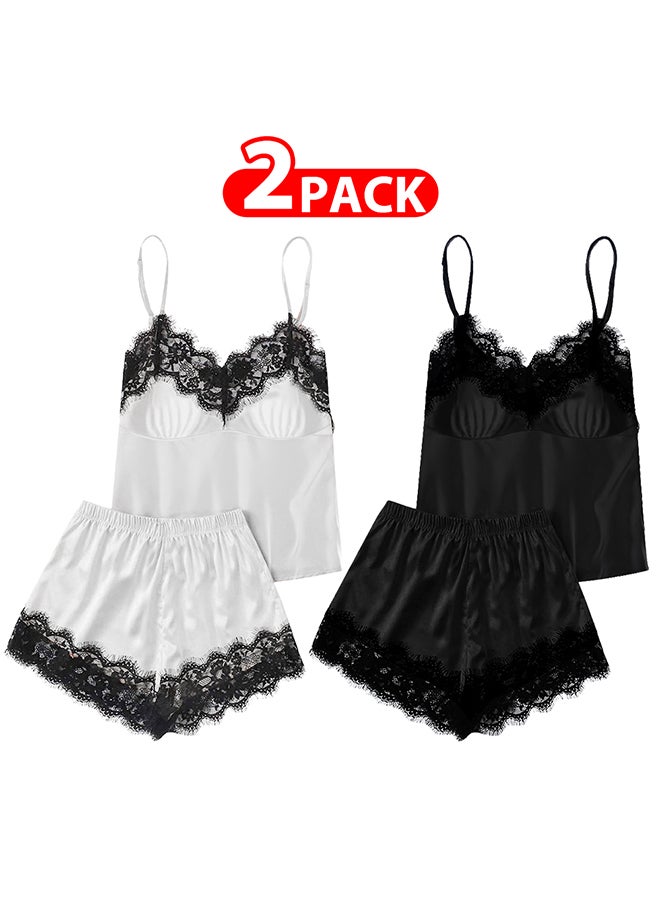 MARGOUN 2 Pack Women Small Size Satin Set 2-Piece Pajama Nightwear Sleepwear Lounge Pjs Set /S(bust:80/waist:64) - Image 1