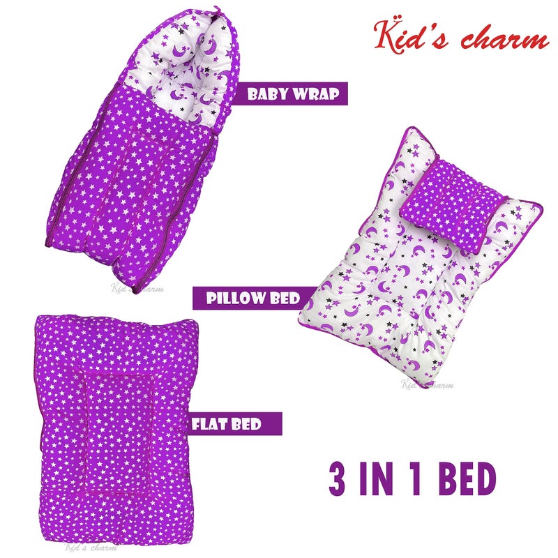 Kid's Charm Kid's Charm Star-Moon 3 PCS Combo Set |3 in 1 Baby's Cotton Bed Cum Carry Bed|5 in 1 Baby's Cotton Breast Feeding Pillow with Safety Belt|2 in 1 Baby's Cotton with Mosquito Net for 0-4 Months (Violet) - Image 2