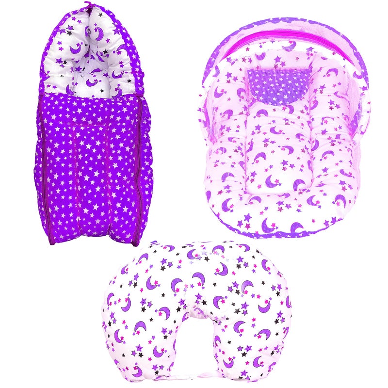 Kid's Charm Kid's Charm Star-Moon 3 PCS Combo Set |3 in 1 Baby's Cotton Bed Cum Carry Bed|5 in 1 Baby's Cotton Breast Feeding Pillow with Safety Belt|2 in 1 Baby's Cotton with Mosquito Net for 0-4 Months (Violet) - Image 1