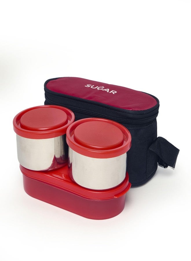 SUGAR Homeware Executive | Stainless Steel Lunchbox Set of 3 Containers with Bag | Oval Roti Container + 2 Containers | Leakproof | Durable | Easy to Carry | Plastic Red - Image 1