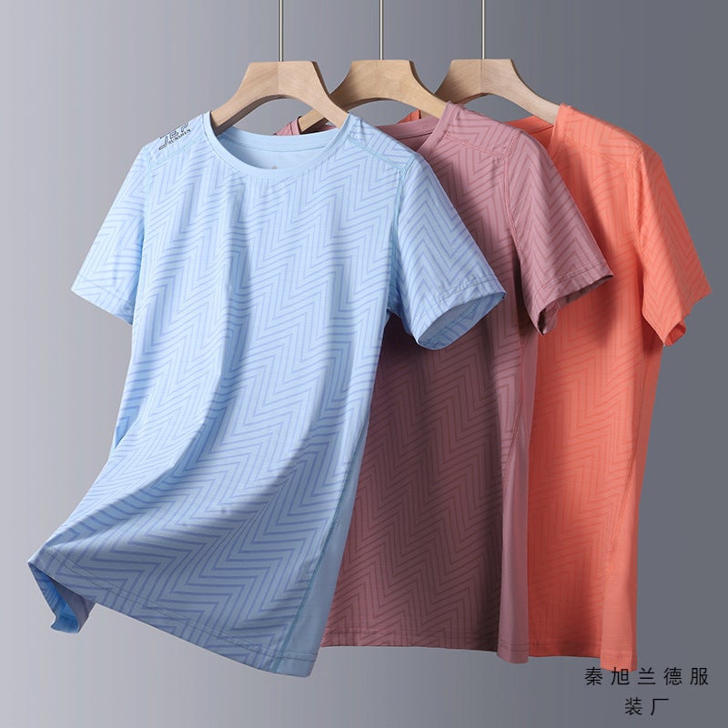 [] Couple'S Ice Silk T-Shirt Jacquard Printing Personality Couple'S Short Sleeve T-Shirt Striped Live - Image 3