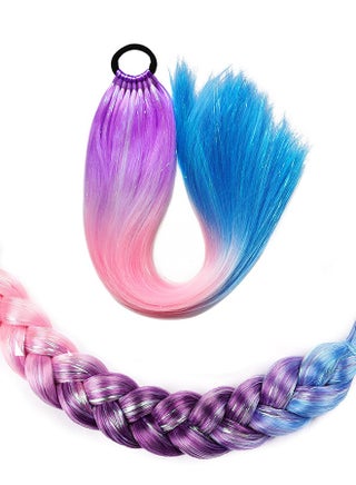 Ponytail Extension, 26 Inch Pink to Purple to Blue Colored Hair, Extensions for Braiding Ombre Pony Tail Hair, Extensions for Braids with Hair Tie Rave Crazy Hair Day - view 4