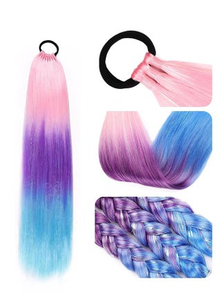 Ponytail Extension, 26 Inch Pink to Purple to Blue Colored Hair, Extensions for Braiding Ombre Pony Tail Hair, Extensions for Braids with Hair Tie Rave Crazy Hair Day - view 5