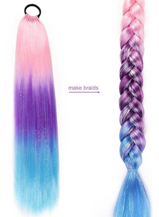 Ponytail Extension, 26 Inch Pink to Purple to Blue Colored Hair, Extensions for Braiding Ombre Pony Tail Hair, Extensions for Braids with Hair Tie Rave Crazy Hair Day - view 3